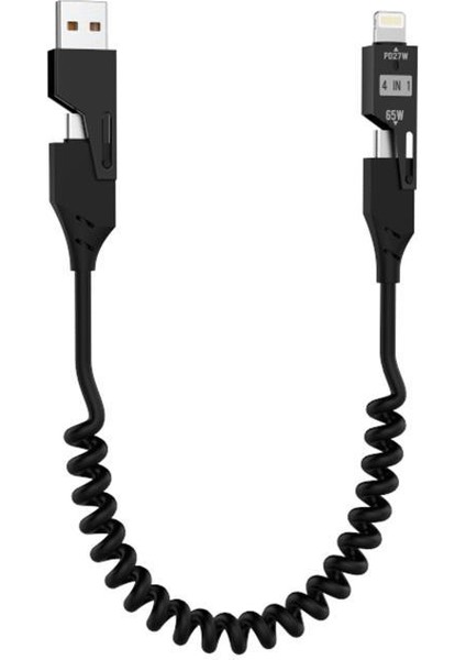 U110 Siyah 4'ü 1 Arada ( Type-C , Lightning , Usb-A,) 65 W Super Hızlı Akordiyonlu Şarj Kablosu modelleri