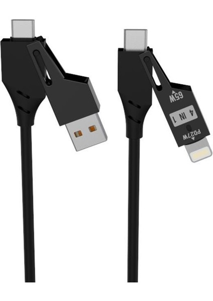 U110 Siyah 4'ü 1 Arada ( Type-C , Lightning , Usb-A,) 65 W Super Hızlı Akordiyonlu Şarj Kablosu indirimleri