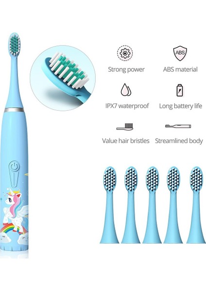 Pille Çalışan Karikatür Desenli Diş Fırçası 6 Yedek Başlık Su Geçirmez Yumuşak Fırça Turkuaz fırsatları