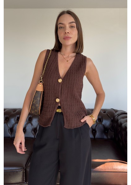 2 Düğmeli Selanik Örgülü Yelek- Kahverengi