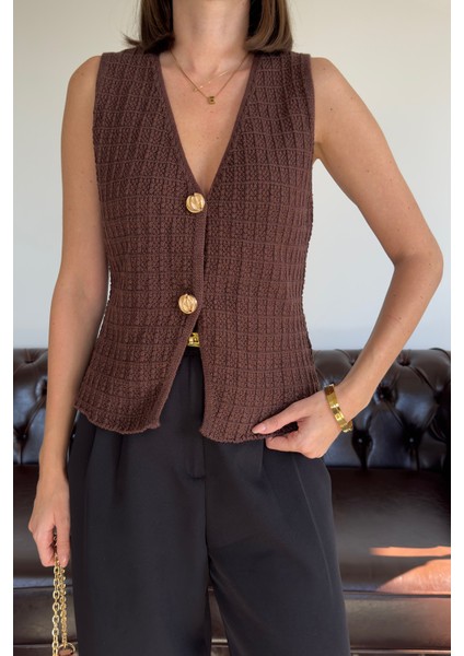 2 Düğmeli Selanik Örgülü Yelek- Kahverengi fiyatları