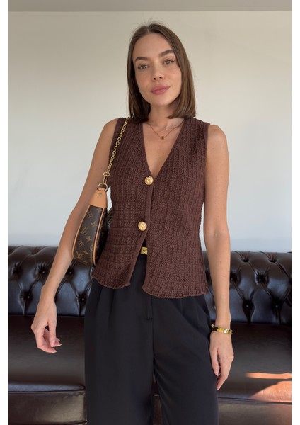 2 Düğmeli Selanik Örgülü Yelek- Kahverengi modelleri