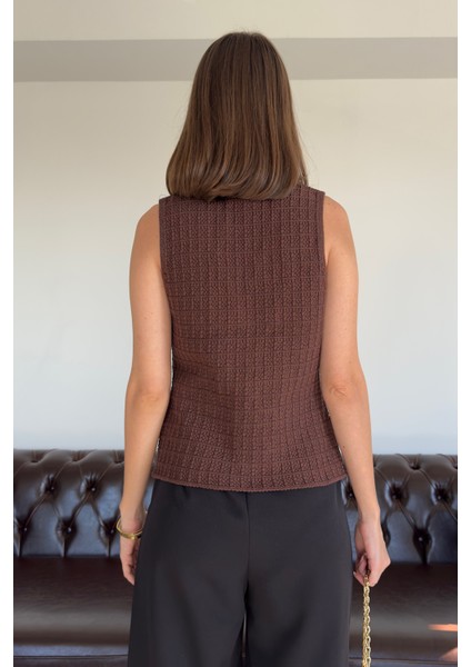 2 Düğmeli Selanik Örgülü Yelek- Kahverengi indirimleri