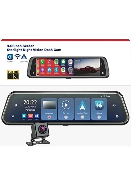 4K IPS Ekran Tam Dokunmatik 9.66” Dikiz Ayna Araç Içi Kamera (4k Ön 1080P Arka) | Carplay fırsatları