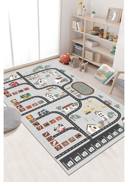 Makinede Yıkanabilir Kaymaz Taban Leke Tutmaz Yol Desenli Çocuk Odası Halısı Oyun Halısı