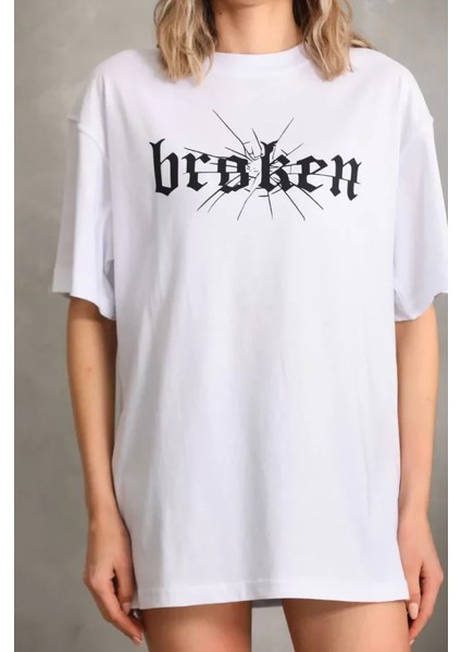 Unisex Baskılı Oversize T-Shirt - Beyaz