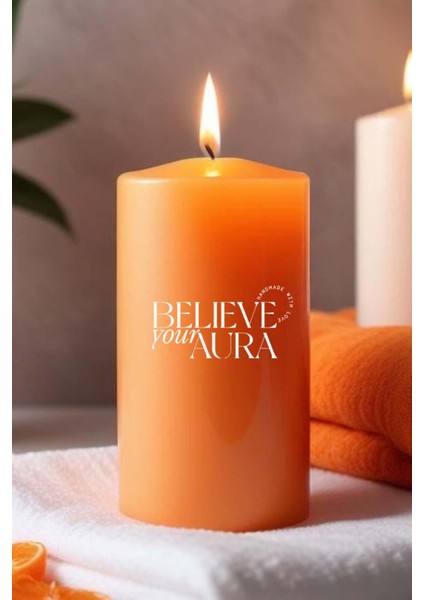 Sandal Ağacı Kokulu Turuncu Silindir Mum - %100 Doğal Soya Mumu Handmade Kokulu Mum - 7X12 cm