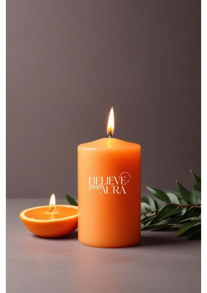 Sandal Ağacı Kokulu Turuncu Silindir Mum - %100 Doğal Soya Mumu Handmade Kokulu Mum - 7X12 cm