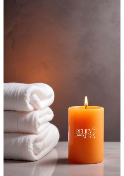 Sandal Ağacı Kokulu Turuncu Silindir Mum - %100 Doğal Soya Mumu Handmade Kokulu Mum - 7X12 cm