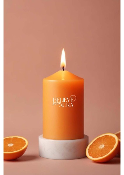 Sandal Ağacı Kokulu Turuncu Silindir Mum - %100 Doğal Soya Mumu Handmade Kokulu Mum - 7X12 cm