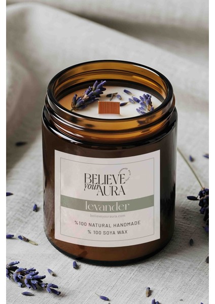 Lavanta Dekorlu Doğal Soya Mumu - Lavanta Kokulu Ahşap Fitilli Aromaterapi Mum - 240 cc
