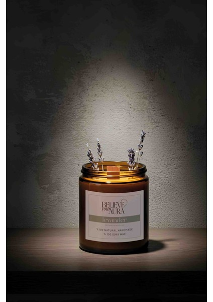 Lavanta Dekorlu Doğal Soya Mumu - Lavanta Kokulu Ahşap Fitilli Aromaterapi Mum - 240 cc modelleri