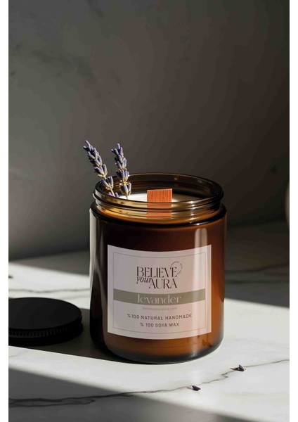Lavanta Dekorlu Doğal Soya Mumu - Lavanta Kokulu Ahşap Fitilli Aromaterapi Mum - 240 cc fırsatları