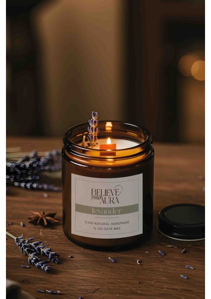 Lavanta Dekorlu Doğal Soya Mumu - Lavanta Kokulu Ahşap Fitilli Aromaterapi Mum - 240 cc indirimleri