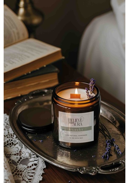 Lavanta Dekorlu Doğal Soya Mumu - Lavanta Kokulu Ahşap Fitilli Aromaterapi Mum - 240 cc