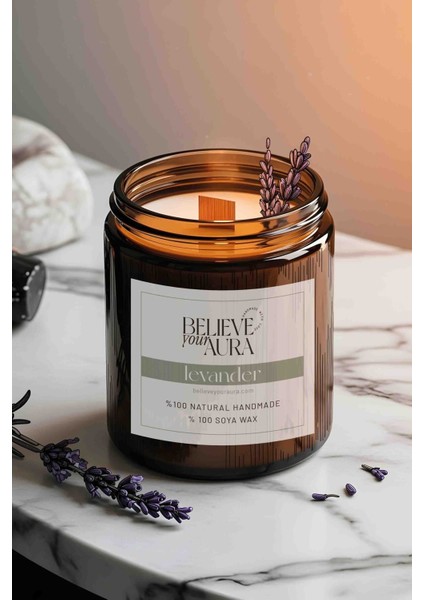 Lavanta Dekorlu Doğal Soya Mumu - Lavanta Kokulu Ahşap Fitilli Aromaterapi Mum - 240 cc