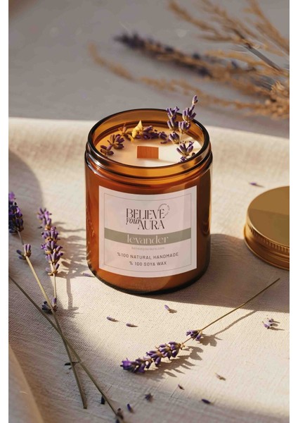 Lavanta Dekorlu Doğal Soya Mumu - Lavanta Kokulu Ahşap Fitilli Aromaterapi Mum - 240 cc