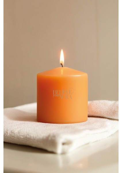 Sandal Ağacı Kokulu Silindir Mum - %100 Doğal Soya Mumu Turuncu Dekoratif Mum - 300 gr