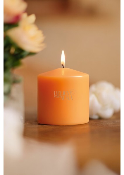 Sandal Ağacı Kokulu Silindir Mum - %100 Doğal Soya Mumu Turuncu Dekoratif Mum - 300 gr
