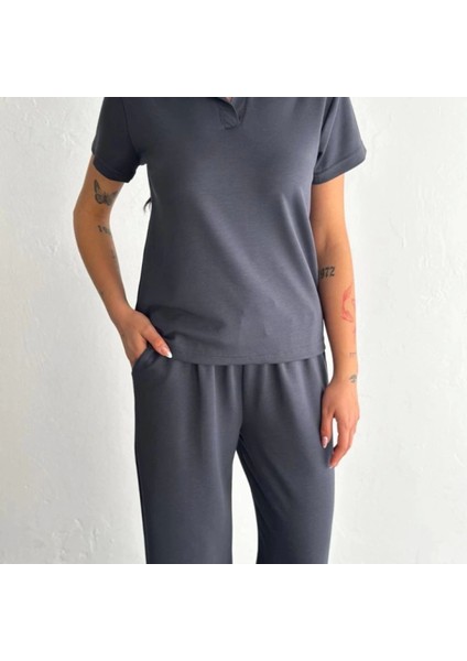 Osy Odal Yumuşak Dokulu Kumaş Kısa Kollu Yakalı Tshirt Pantalon Ikili Takım Antrasit fırsatları