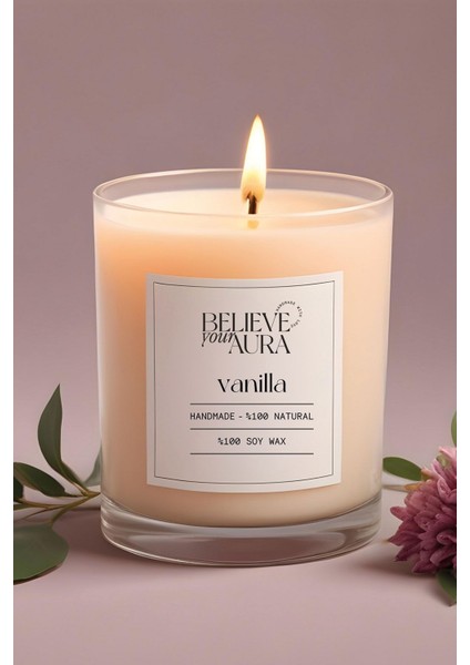 Vanilya Kokulu Mum - %100 Doğal Soya Mumu Aromaterapi ve Dekoratif Bardak Mum - 300 cc