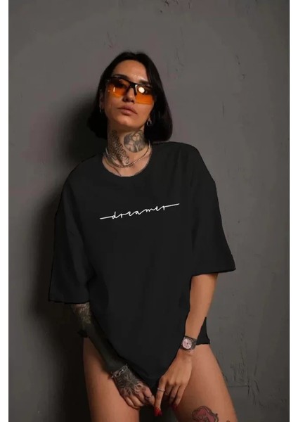 Unisex Bisiklet Yaka Baskılı T-Shirt - Siyah