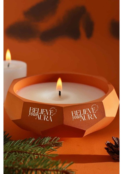 Sandal Ağacı Kokulu Mum - %100 Soya Mumu El Yapımı Turuncu Beton Aromaterapi Kokulu Mum - 450 cc