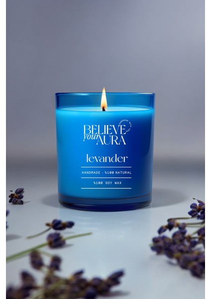 Lavanta Kokulu Mum - %100 Doğal Soya Mumu Lavanta Kokulu Mavi Bardak Mum - 280 cc
