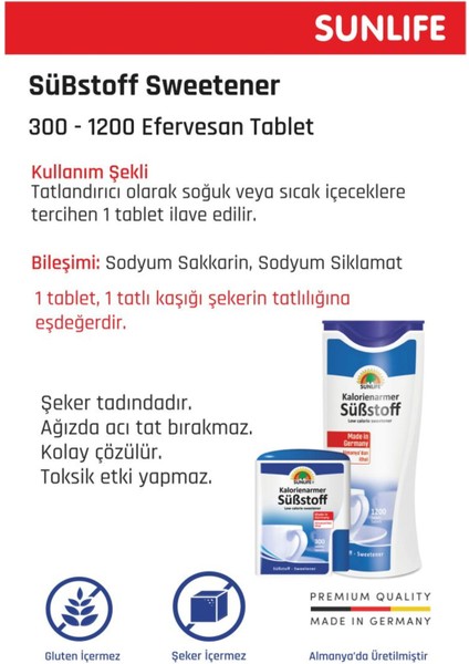 Kalorisiz Tatlandırıcı - 1200 Tablet + 300 Tablet Hediye, Almanya'da Üretilmiştir, Geleneksel Tarif, Katkı Maddesi İçermez modelleri