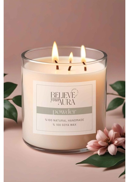 Pudra Kokulu Büyük Kavanoz Mum - %100 Doğal Soya Mumu Ahşap Kapaklı Aromaterapi Mum - 600 cc