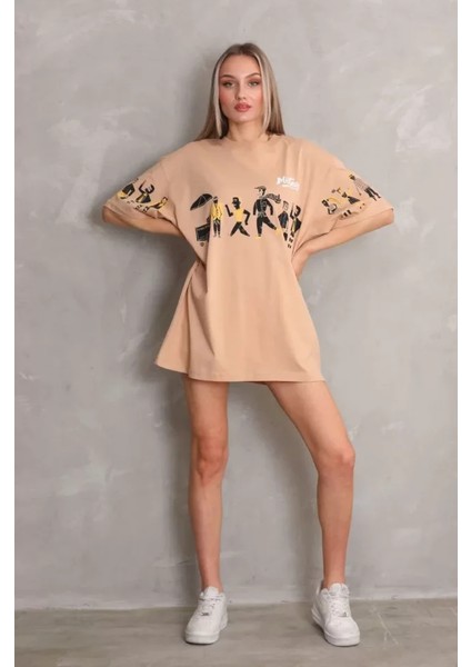 Unisex Bisiklet Yaka Baskılı Oversize T-Shirt - Bej indirimleri