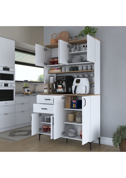 JE212 Kahve Köşesi Çok Amaçlı Dolap 8 Kapaklı 2 Çekmeceli Raflı Kiler Mutfak Dolabı Beyaz - Sepet Ceviz modelleri
