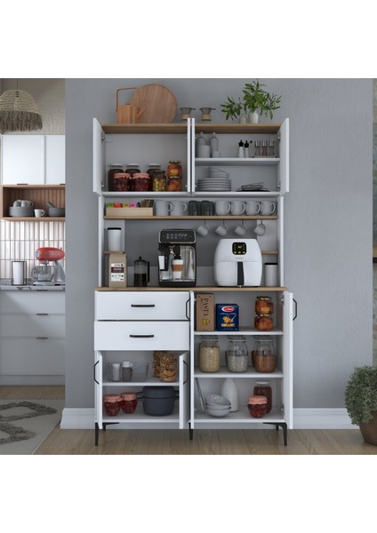 JE212 Kahve Köşesi Çok Amaçlı Dolap 8 Kapaklı 2 Çekmeceli Raflı Kiler Mutfak Dolabı Beyaz - Sepet Ceviz fırsatları
