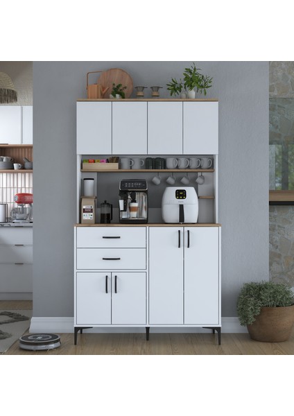 JE212 Kahve Köşesi Çok Amaçlı Dolap 8 Kapaklı 2 Çekmeceli Raflı Kiler Mutfak Dolabı Beyaz - Sepet Ceviz indirimleri
