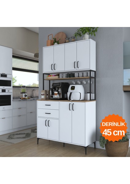 JE213 Kahve Köşesi Çok Amaçlı Dolap 8 Kapaklı 2 Çekmeceli Raflı Kiler Mutfak Dolabı Beyaz - Sepet Ceviz