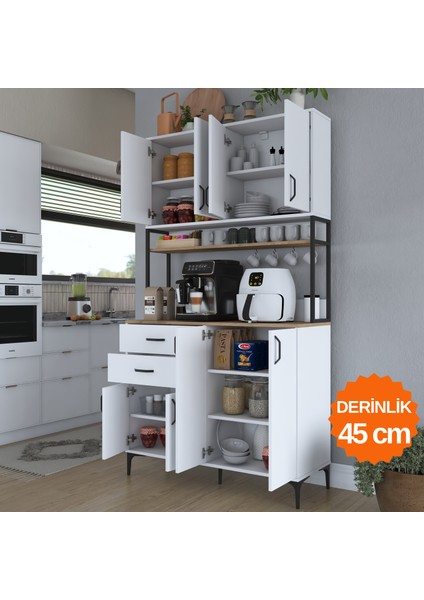 JE213 Kahve Köşesi Çok Amaçlı Dolap 8 Kapaklı 2 Çekmeceli Raflı Kiler Mutfak Dolabı Beyaz - Sepet Ceviz modelleri