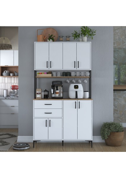 JE213 Kahve Köşesi Çok Amaçlı Dolap 8 Kapaklı 2 Çekmeceli Raflı Kiler Mutfak Dolabı Beyaz - Sepet Ceviz fırsatları