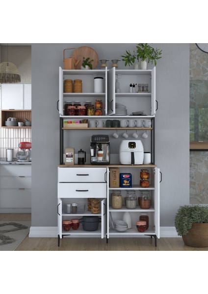 JE213 Kahve Köşesi Çok Amaçlı Dolap 8 Kapaklı 2 Çekmeceli Raflı Kiler Mutfak Dolabı Beyaz - Sepet Ceviz indirimleri