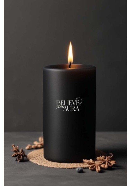 Pudra Kokulu Siyah Silindir Mum - %100 Doğal Soya Mumu Handmade Kokulu Mum - 7X12 cm