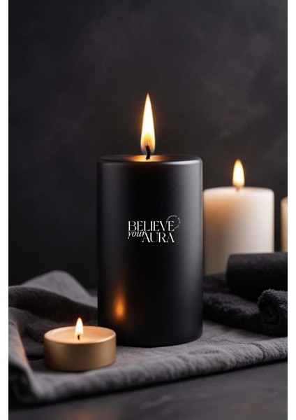 Pudra Kokulu Siyah Silindir Mum - %100 Doğal Soya Mumu Handmade Kokulu Mum - 7X12 cm