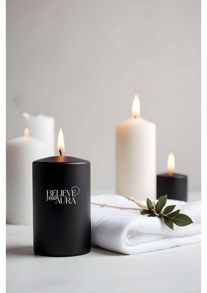 Pudra Kokulu Siyah Silindir Mum - %100 Doğal Soya Mumu Handmade Kokulu Mum - 7X12 cm