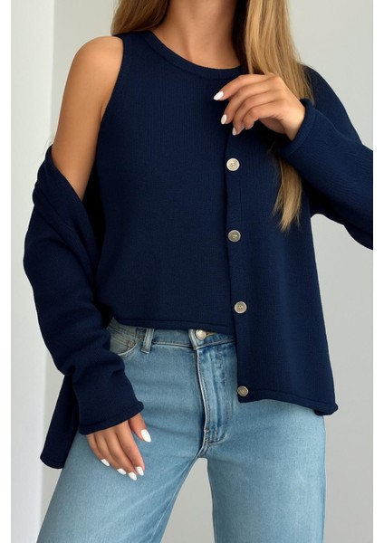 Yeni Sezon Triko Kolsuz Bluz ve Düğmeli Hırka Ikili Takım modelleri