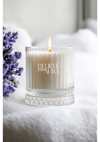 Lavanta Kokulu Mum - %100 Doğal Soya Mumu Kristal Bardak Aromaterapi Kokulu Mum - 210 cc