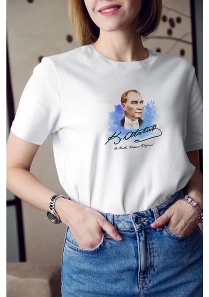 Unisex Bisiklet Yaka Baskılı Oversize T-Shirt - Beyaz fiyatları