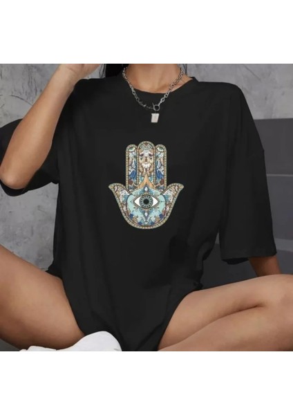 Unisex Bisiklet Yaka Baskılı Oversize T-Shirt - Siyah fiyatları