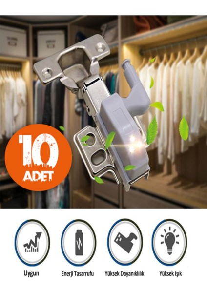 10'lu Menteşe Işığı Seti, Dolap ve Gardrop Için LED Aydınlatma