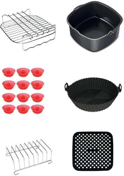 Çok Renkli Xxl Airfryer Aksesuarları Seti Kare Tencere ve Izgara