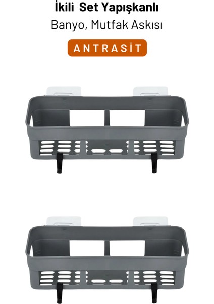 Ikili Yapışkan Mutfak Banyo Organizeri Seti, Antrasit
