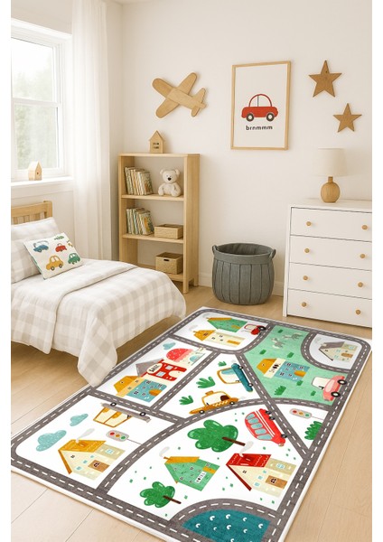 Makinede Yıkanabilir Kaymaz Taban Leke Tutmaz Yol Desenli Çocuk Odası Halısı Oyun Halısı