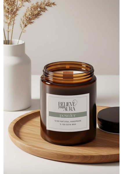 Pudra Kokulu Kavanoz Mum - %100 Doğal Sürülebilir Soya Mumu Ahşap Fitilli Kokulu Mum - 240 cc